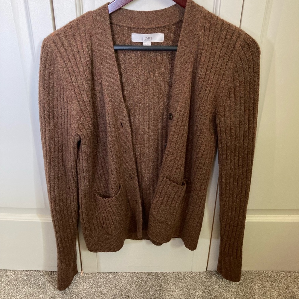 LOFT Heathered Rust-Brown Ribbed Cardigan